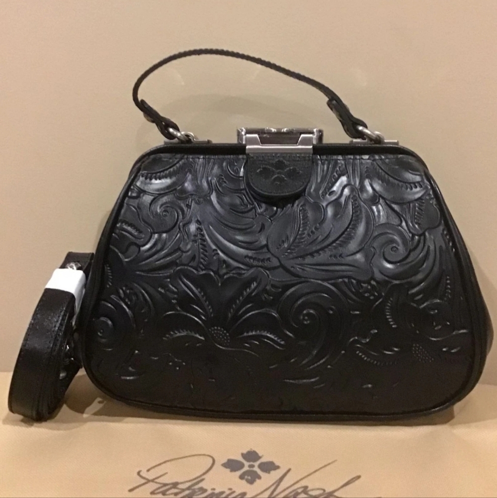 NWT Patricia Nash Gracchi Frame Satchel Black Tooled Floral Leather Crossbody